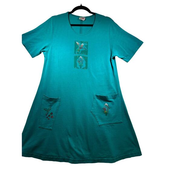 Vtg Cactus California Teal Painted T Shirt Shift Dress Womens Large Hummingbird - Picture 1 of 12